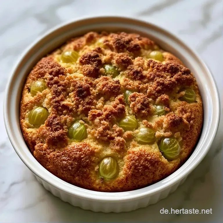 Ein St&uuml;ck goldgelber Kuchen auf wei&szlig;em Porzellan, gekr&ouml;nt von gl&auml;nzenden Stachelbeeren und knusprigen Streuseln.