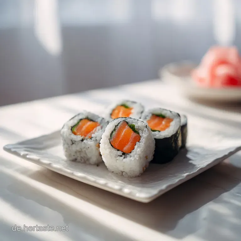 Elegant arrangement of sliced sushi, highlighting the swirling pattern of rice and green cucumber, served on a dark plate.