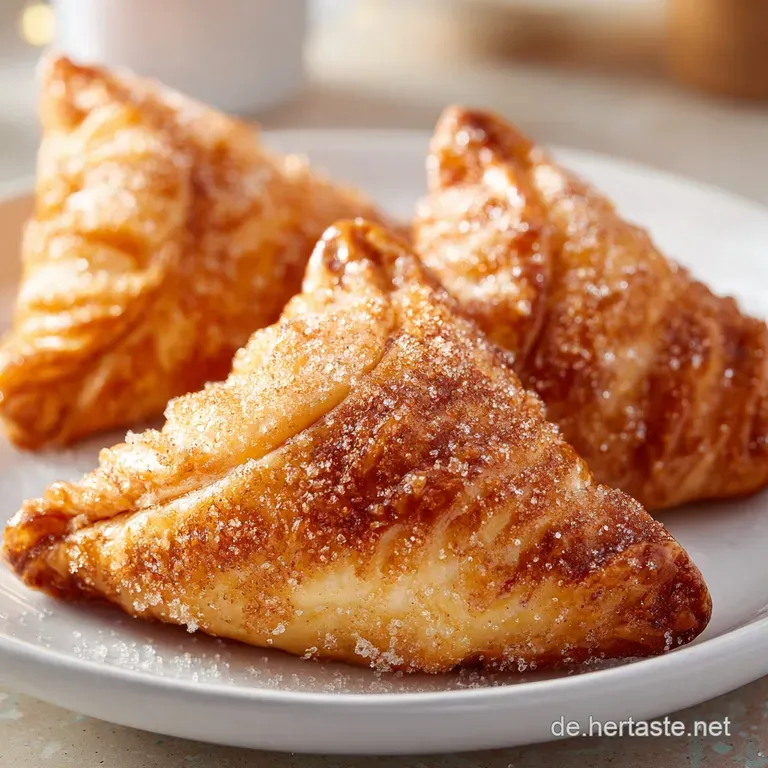 Elegant angerichtet: Goldgelbe, gl&auml;nzende Teigtaschen auf einer Platte, garniert mit einer Prise Zimt und Zucker.