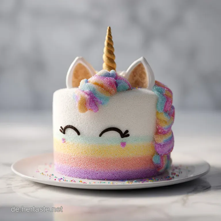 A slice of colorful rainbow cake artfully plated, showcasing the fluffy meringue and a dusting of edible glitter.
