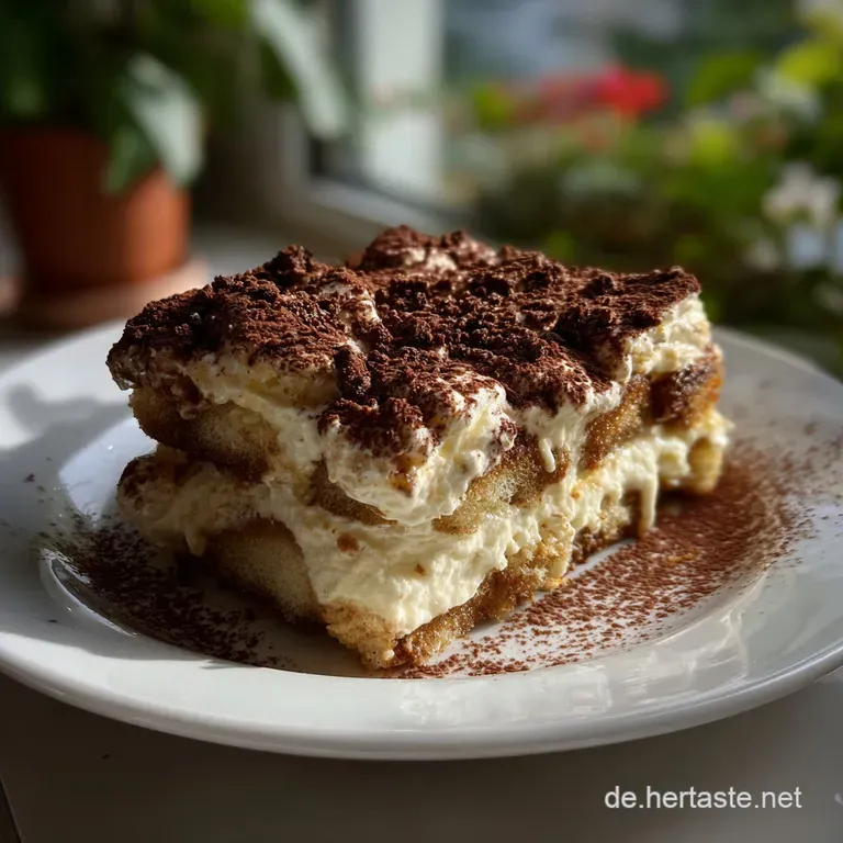 Elegant slices of tiramisu with a light dusting of cocoa, showcasing the creamy layers, served on a white plate.