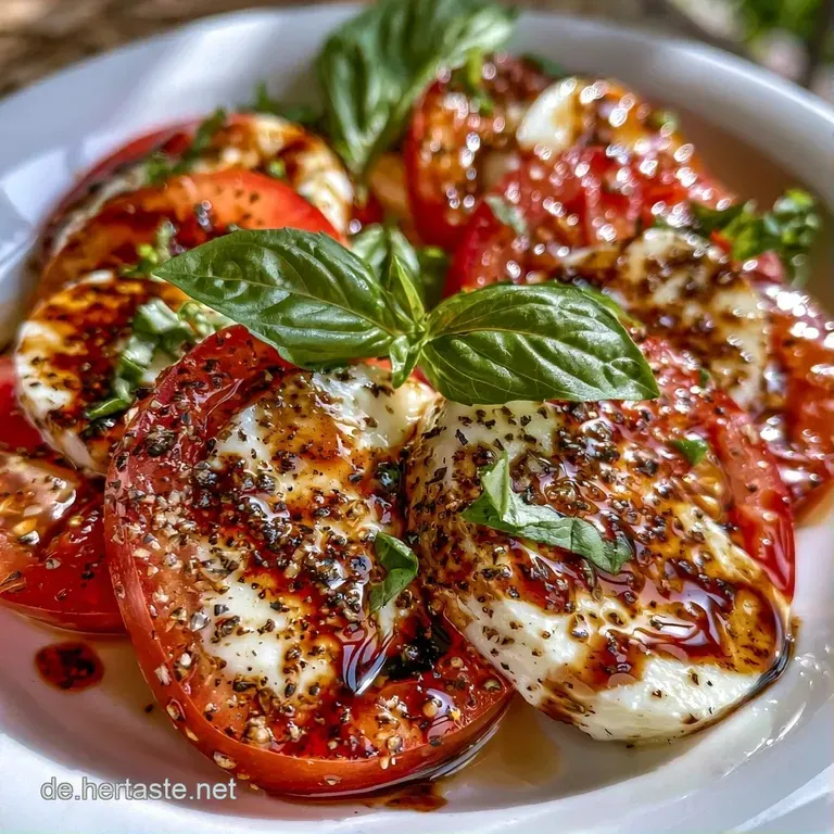 Harmonische Schichtung aus leuchtend roten Tomaten und zartem Mozzarella auf einer Platte, garniert mit gr&uuml;nem Pesto.