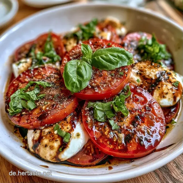 Elegante Anrichtung von saftigen roten Tomaten und cremigem Mozzarella auf wei&szlig;em Porzellan mit gr&uuml;nen Akzenten.