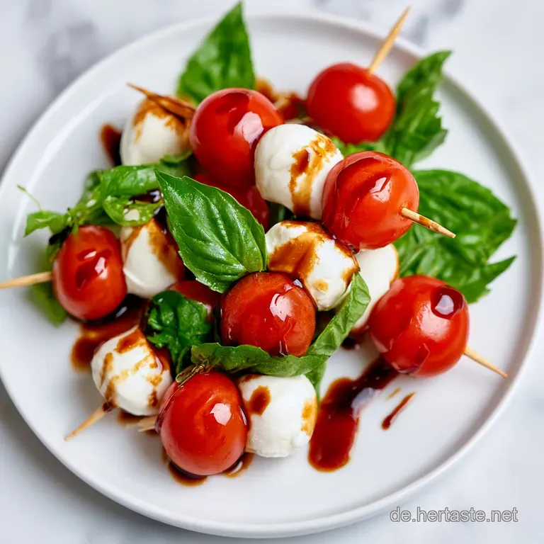 Elegantes Tablett mit gl&auml;nzenden Tomaten-Mozzarella-Spie&szlig;en, garniert mit Basilikum und einem Tropfen Balsamico.