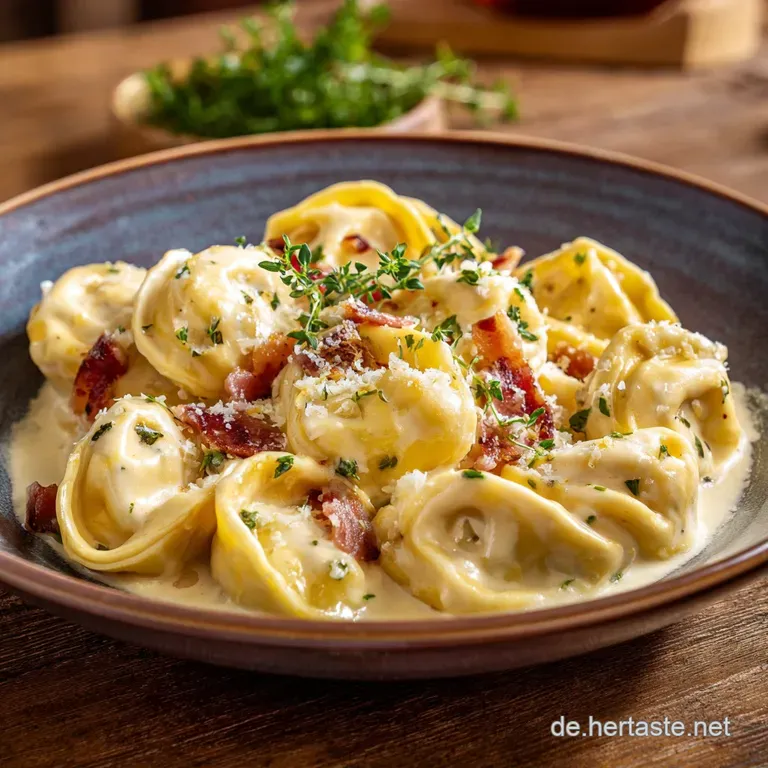 Elegant plating of cheese tortellini in a rich cream sauce. Parsley garnish adds a pop of vibrant green.