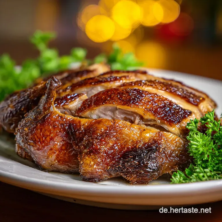 Juicy roasted duck with crackling skin, presented artfully with steaming dumplings and fresh herbs.