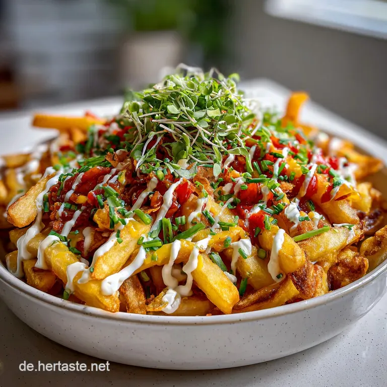 Loaded fries artfully arranged on a white plate, with vibrant green scallions and a creamy, cheesy sauce drizzled over top.
