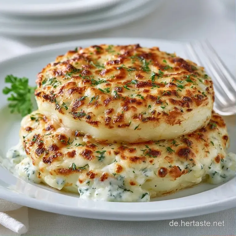 Drei goldgelb &uuml;berbackene Kohlrabi-H&auml;lften auf einer wei&szlig;en Keramikplatte, garniert mit frischen Kr&auml;utern und Creme.