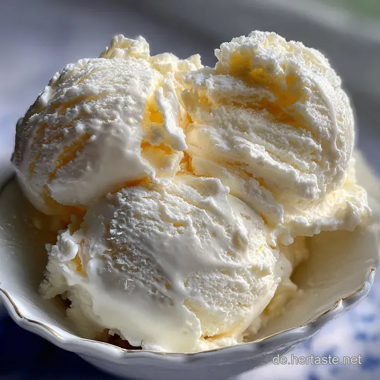 Scoops of smooth vanilla ice cream in a glass bowl, dusted with cocoa powder. A sprig of mint adds a fresh, green accent.