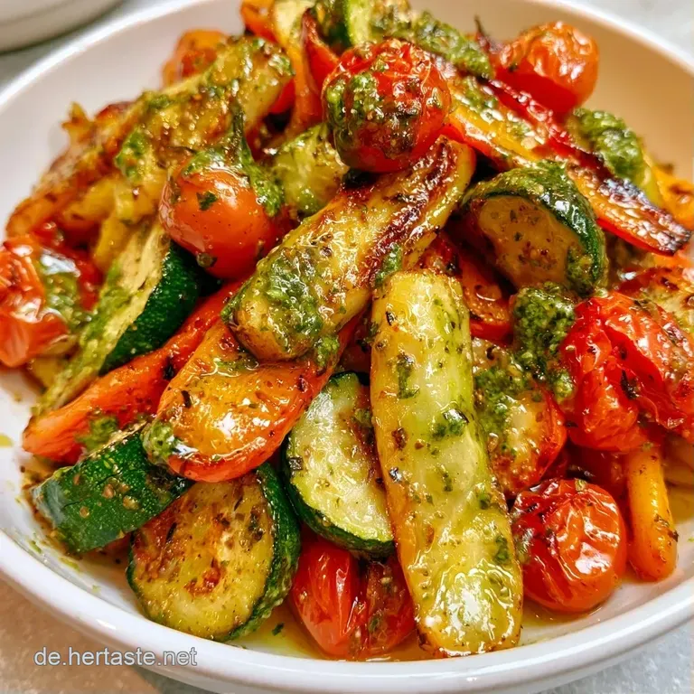 Elegant arrangierte Antipasti mit leuchtend gr&uuml;nem Pesto, gl&auml;nzenden &Ouml;len und farbenfrohen Gem&uuml;sen auf einer Platte.