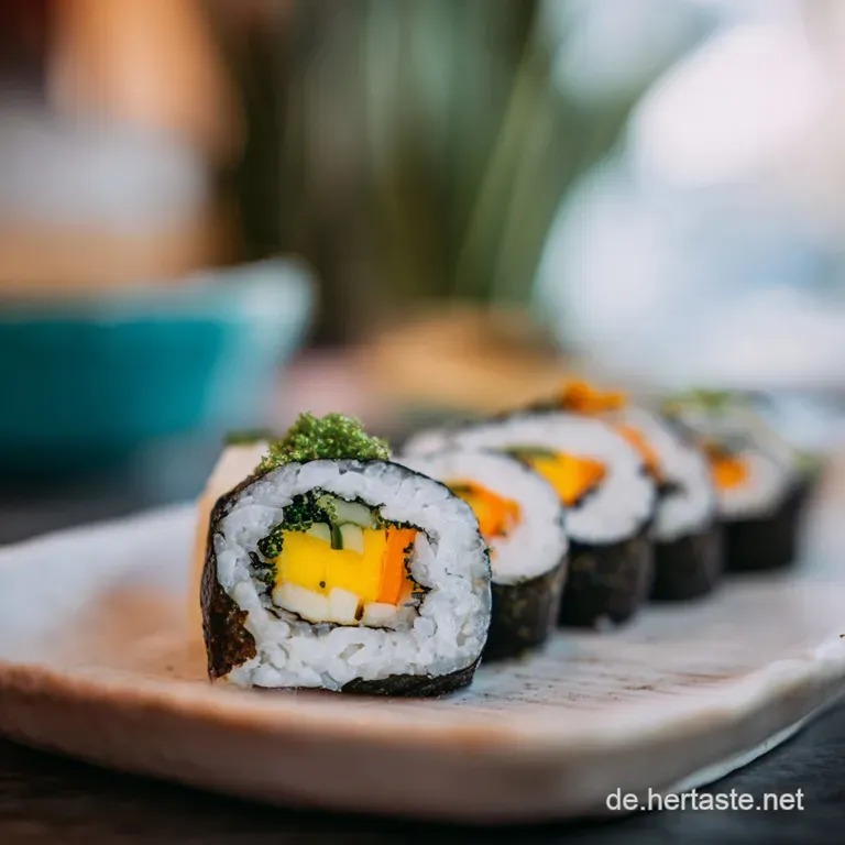 Elegant vegetarian sushi presentation with bright green seaweed, vibrant vegetables, and a side of light pink pickled ginger.