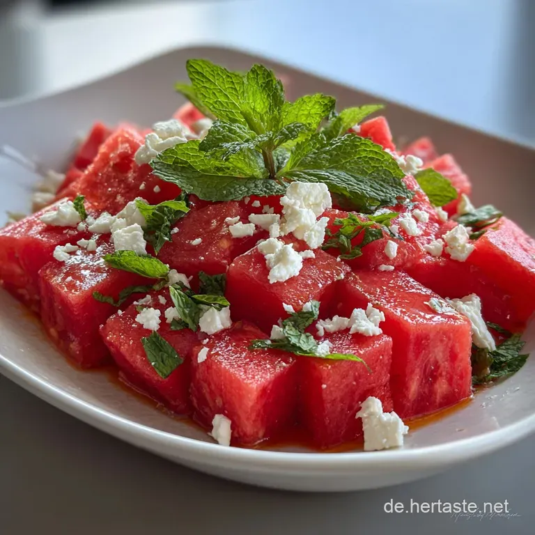 Elegant watermelon salad plate: feta crumbles atop ruby watermelon, speckled with fresh mint, glistening with a light, cle...