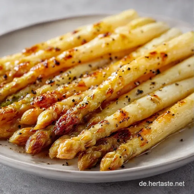 Elegant angerichteter wei&szlig;er Spargel auf einer Servierplatte mit gl&auml;nzender Butter und einem Hauch von Kr&auml;utern.