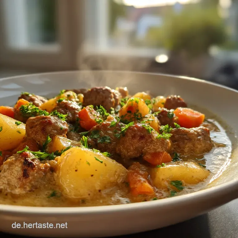 Viking stew served in a deep bowl, garnished with fresh herbs. Meaty and vegetable textures visible.