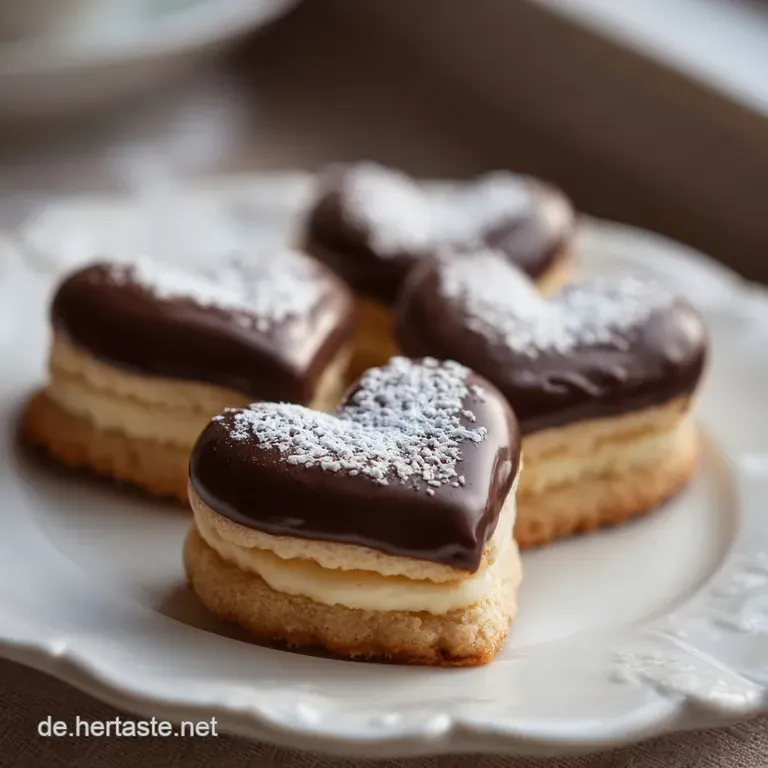 Delicate nougat hearts, dusted with fine white sugar, presented artfully on a ceramic plate.