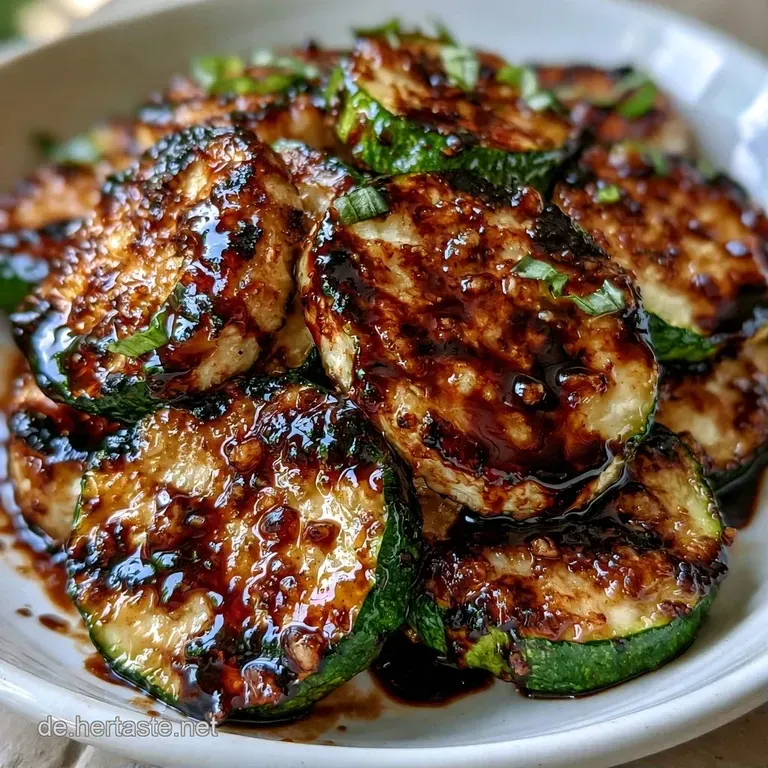 Zarte, goldbraune Zucchini-Streifen auf einer wei&szlig;en Keramikplatte mit gl&auml;nzenden dunklen Tropfen und Oliven&ouml;l.