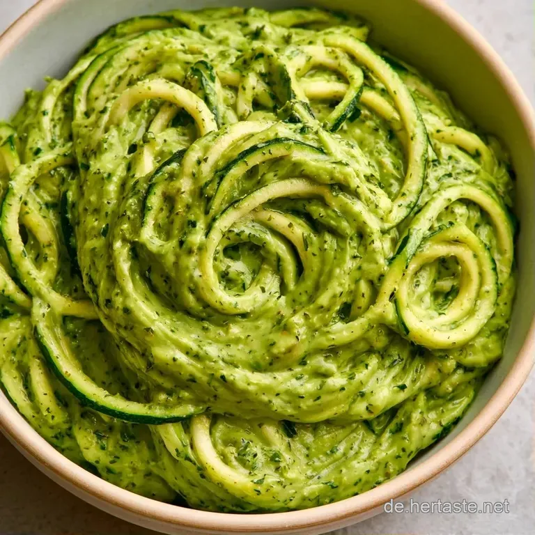Kunstvoll gedrehte Zucchini-Nudeln mit cremigen Pesto-Punkten und goldbraunen Pinienkernen auf einem dunklen Teller.
