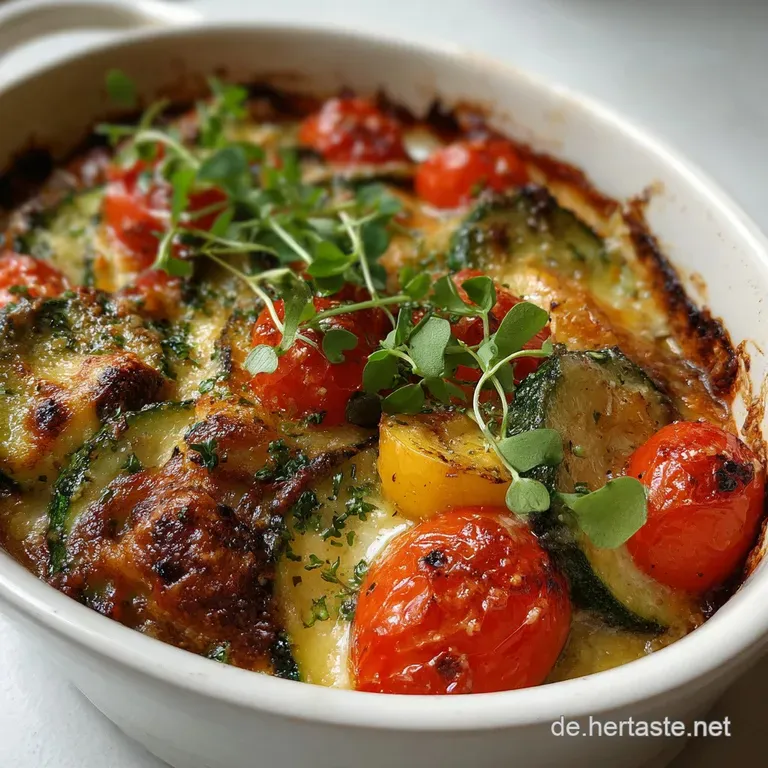 Golden, cheesy zucchini tomato gratin slice on a plate. Steam rising, herbs as garnish, inviting warmth. Simple, elegant.