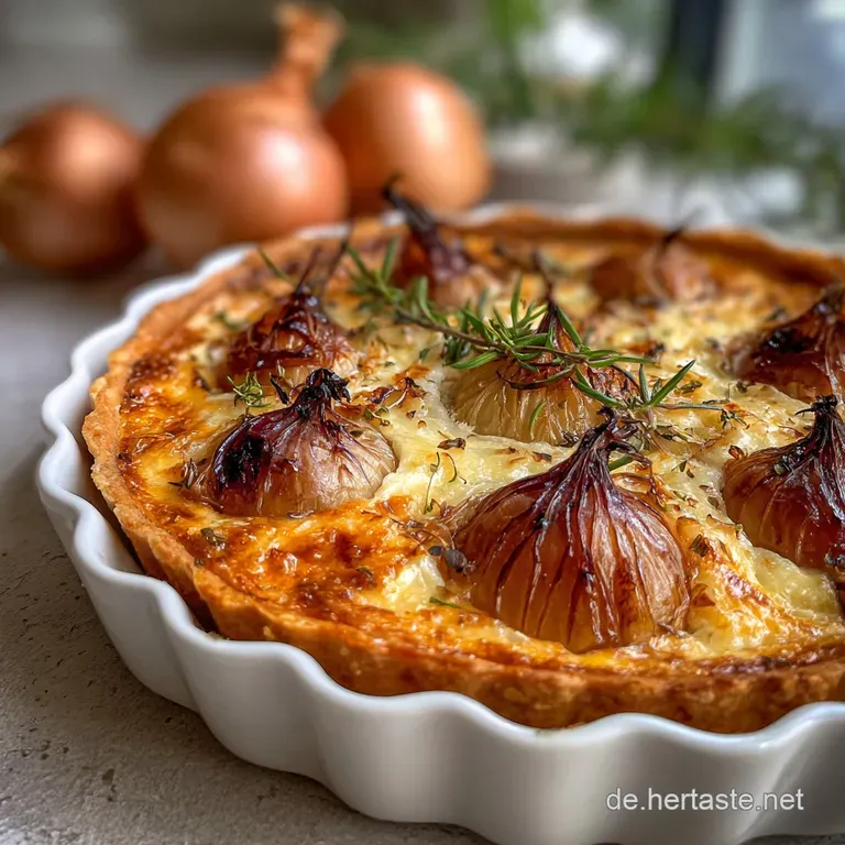 Slice of warm Zwiebelkuchen with crispy edges, served on a rustic plate. Steaming, savory aroma implied, inviting and comf...